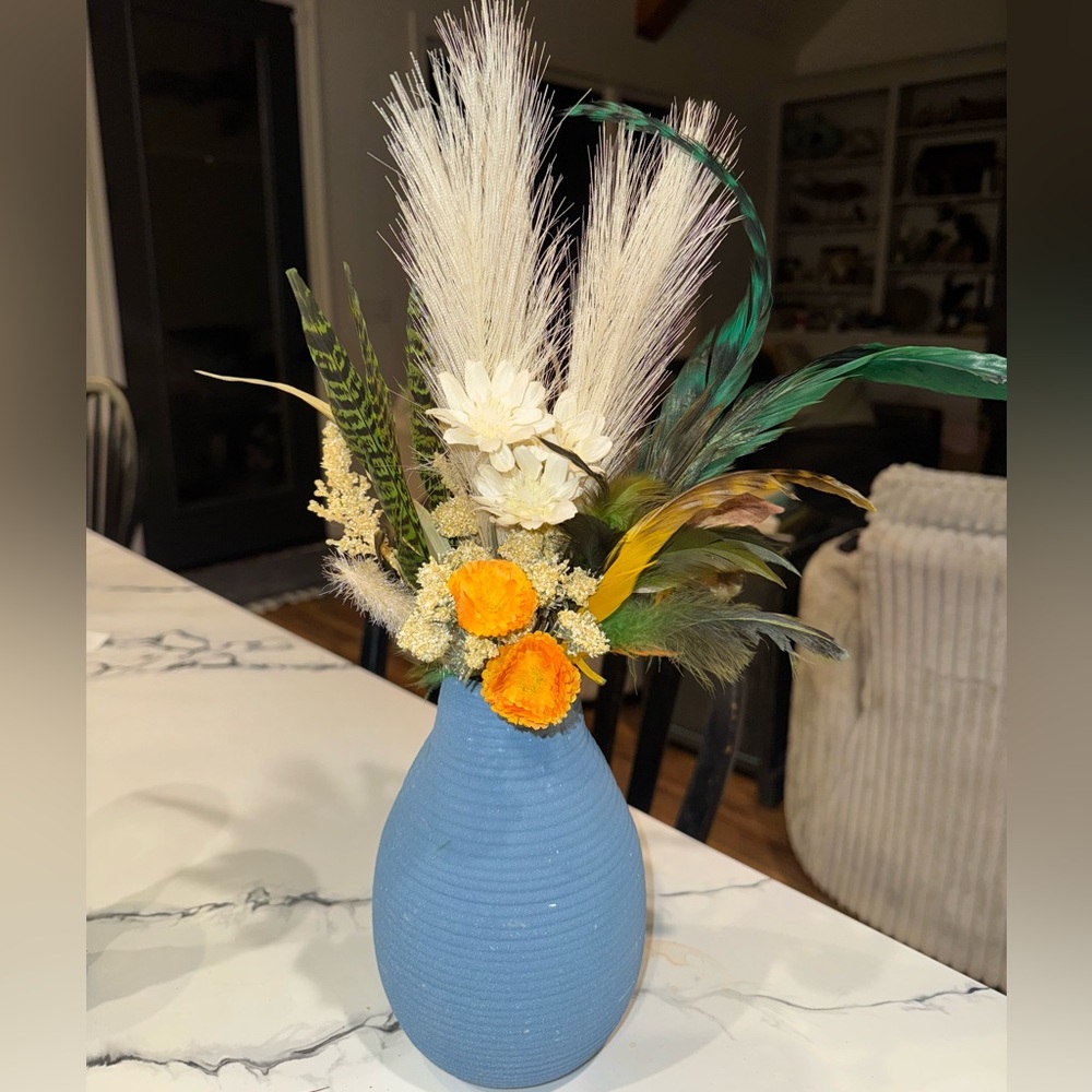 Elegant Blue Vase with Dried Floral & Feathers 🪶 Arrangement -NEW!
